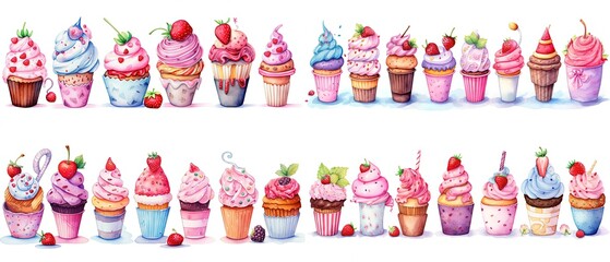 watercolor style cartoon illustration of strawberry ice-cream and cupcake  collection set, Generative Ai