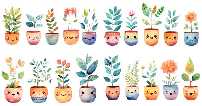 watercolor painting style illustration of flower pot plant with kawaii face, isolated on white background, collection set, Generative Ai	
