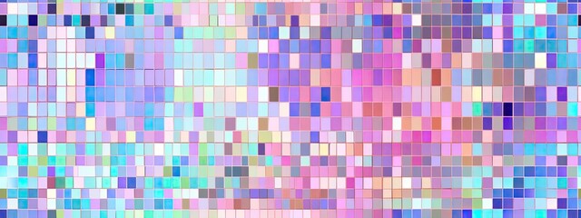 Seamless iridescent silver holographic chrome foil vaporwave mosaic square background texture. Pearlescent pastel rainbow prism pixel glitch effect pattern. Retro 80s webpunk abstract