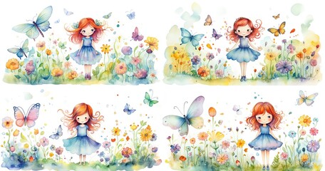 watercolor cartoon style illustration of cute girl walk in flower blossom meadow, collection set, Generative Ai