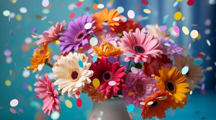 a bouquet of vibrant, multi-colored daisies, resembling a burst of confetti in a celebratory atmosphere.