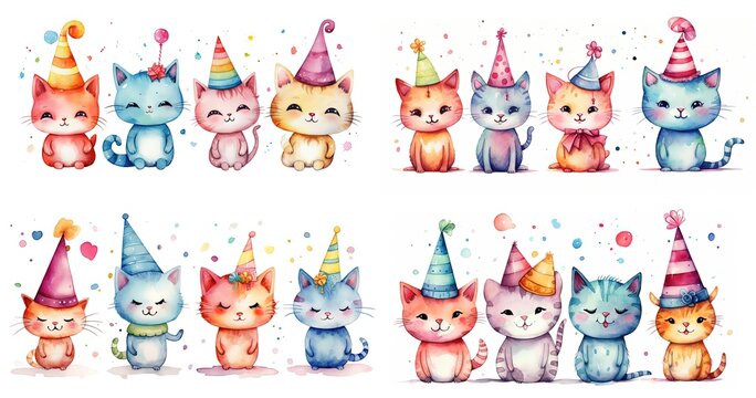 watercolor cartoon illustration, cute cat family wearing party cap smiling and sitting together, collection set, Generative Ai