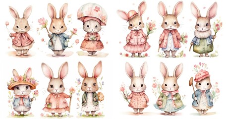 watercolor cartoon style illustration of cute bunny rabbit walking in flower garden, collection set, Generative Ai
