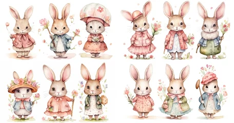 Fotobehang watercolor cartoon style illustration of cute bunny rabbit walking in flower garden, collection set, Generative Ai © QuietWord