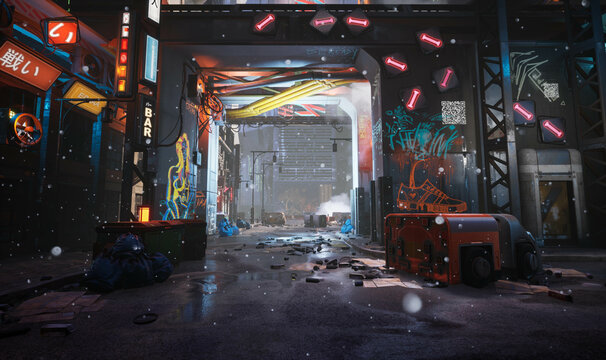 A 3d rendered illustration of a fantasy cyberpunk urban alley with neon signs and graffities on the walls 