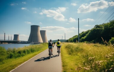 A cyclist riding on a road with a nuclear power plant in the background, surrounded by natural and scenic landscape.