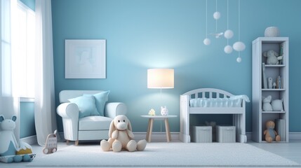a baby room with white furniture and baby blue walls.Generative AI