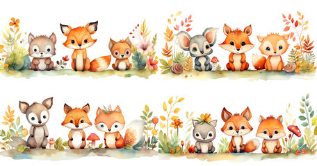 watercolor style cartoon illustration of red fox family in autumn field , isolated on white background, collection set, Generative Ai	

