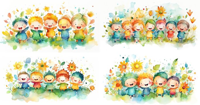 watercolor style cartoon illustration, group of children in flower blossom garden, on white background, collection set, Generative Ai