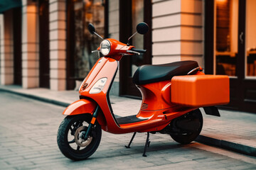 Red scooter parked on the street. Modern urban scooter.