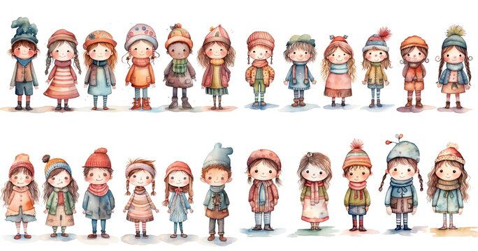 watercolor cartoon illustration of girls and boys wearing vintage fantasy outfit, isolated on white background, collection set,  Generative Ai
