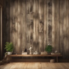 wooden wall in a room with a wooden floor .wooden wall with empty room .  3D rendering