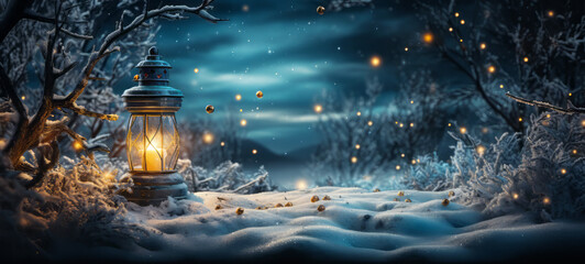 Beautiful winter Christmas background with lantern and place for text - obrazy, fototapety, plakaty