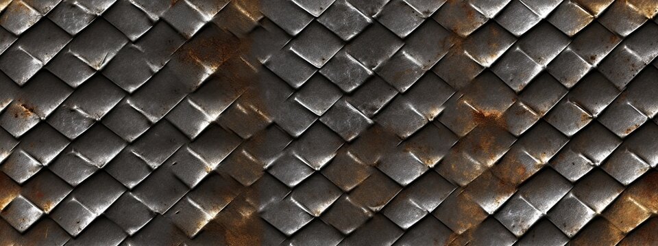 Seamless Old Worn Grungy Metal Diamond Plate Pattern. Metallic Industrial Non-slip Steel Tread Background Texture Overlay Or Displacement, Bump Or Height Map