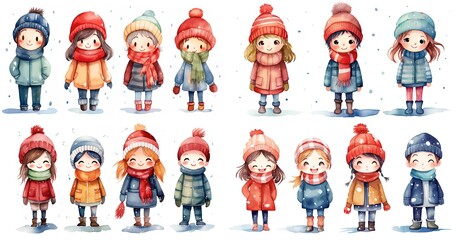 watercolor style cartoon illustration of a group of kids boys and girls happily walking together, collection set, Generative Ai