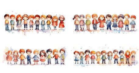 watercolor style illustration, group of kids girls and boy walking together wearing winter coat hat and scarf, collection set, Generative Ai	
 - obrazy, fototapety, plakaty