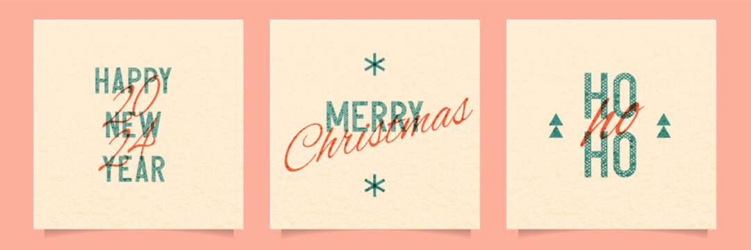 Merry Christmas and Happy New year colorful cards set with retro riso, risograph print effect. Layered geometric letters in vintage trendy style. Cute typography composition. Vector design