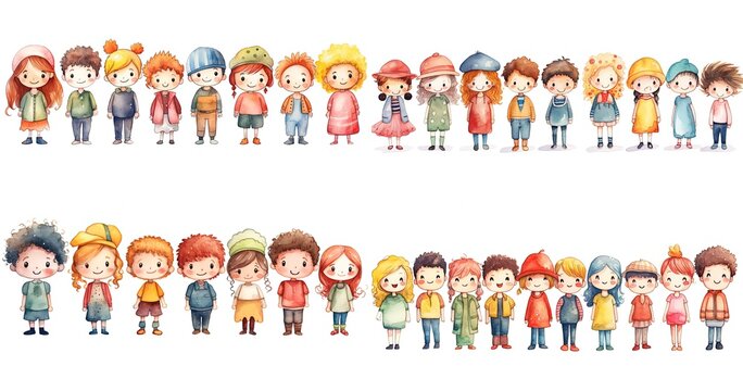 watercolor style illustration, group of kids girls and boy walking together wearing winter coat hat and scarf, collection set, Generative Ai	
