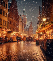 Fototapeta premium People in Christmas market, an illuminated street. Festive new year lights.