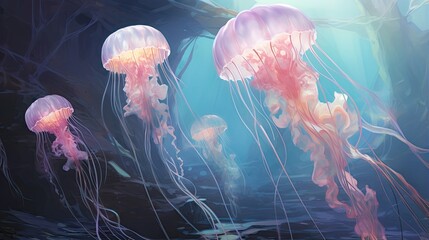  a group of jellyfish floating in a blue sea water.  generative ai