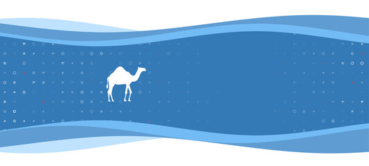 Fototapeta na wymiar Blue wavy banner with a white camel symbol on the left. On the background there are small white shapes, some are highlighted in red. There is an empty space for text on the right side