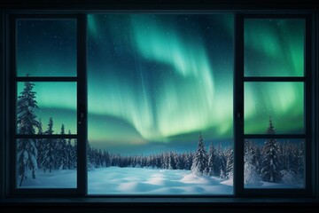 View of green northern lights in the winter forest from the house window. Aurora Borealis.