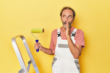 Man painting yellow backdrop in studio is saying a secret hot braking news and looking aside - Powered by Adobe