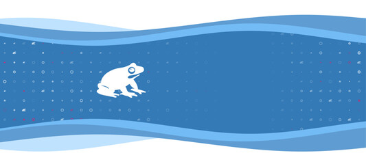 Fototapeta na wymiar Blue wavy banner with a white funny frog symbol on the left. On the background there are small white shapes, some are highlighted in red. There is an empty space for text on the right side