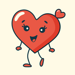 Retro groovy heart character. Red heart girl in cartoon style. Trendy 60s, 70s, 80s style.