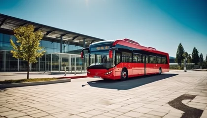 Foto op Plexiglas Countryside Bus Stop Low-Angle View of a Red German Public Bus in Waiting © wiizii