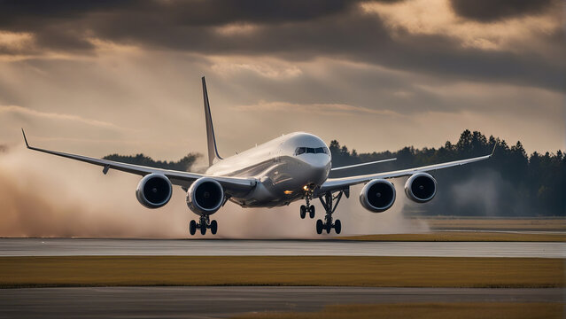 Sabotage and Disaster - Airplane Landing on Whet Landing Strip, created with Generative AI technology