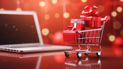 Christmas gifts in the shopping cart with laptop for shopping online on red background, Christmas festival