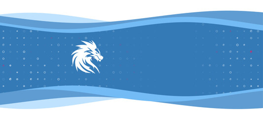 Fototapeta na wymiar Blue wavy banner with a white dragon's head symbol on the left. On the background there are small white shapes, some are highlighted in red. There is an empty space for text on the right side