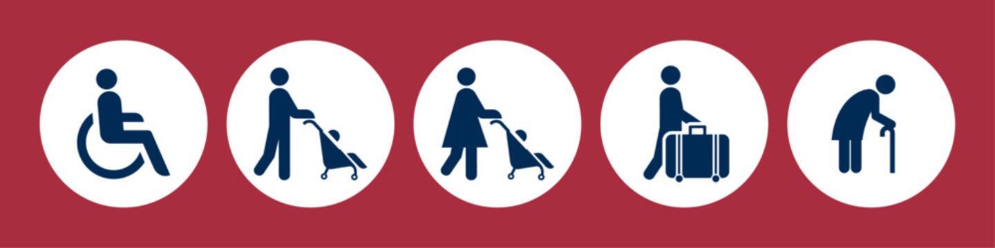 Lift priority signs and labels. Elevator priority sign of metro and subway station, priority queues for elderly, individuals with strollers, disabled, men and women with infants and wheelchair. Vector