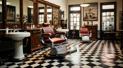 a classic barber shop with leather barber chairs, retro grooming tools, and black-and-white...