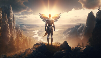 Guardian angel in shining armor standing on a mountain in golden light, looking at the valley below. Powerful angelic being.