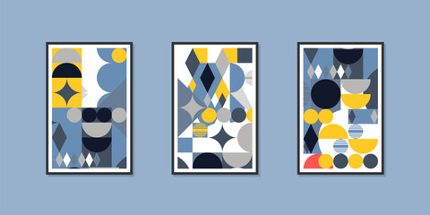 Three geometric pop art paintings set