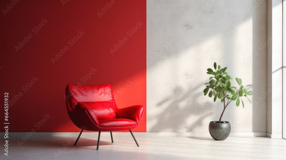 Wall mural seventies red chair in modern bright interiors apartment living room mockup illustration 3d renderin