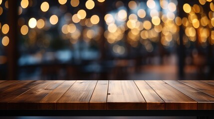 Empty wood table with bokeh light background. - obrazy, fototapety, plakaty