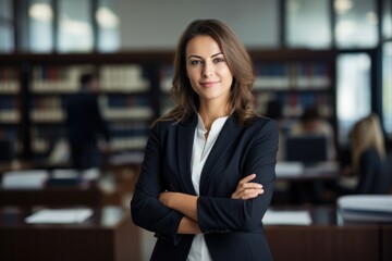 Fototapeta premium Professional female lawyer standing with arms crossed in the office.