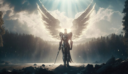 Guardian angel in armor, holding a sward, surrounded by glowing light. Powerful angelic being with wings. - obrazy, fototapety, plakaty