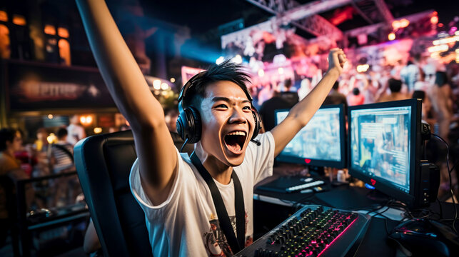Esports and online gaming: Asiatic man live streaming her video game session