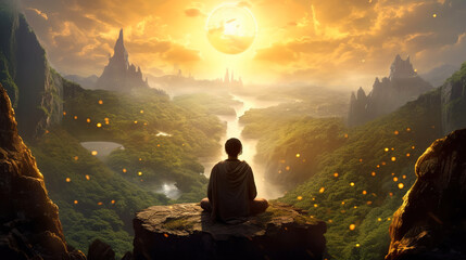 Person meditating in a magical environment filled with golden light and sparkles, with a view over majestic valley, river, and mountains - obrazy, fototapety, plakaty