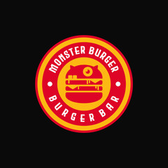 vintage retro classic monster and ham beef cheese patty burger with stamp label emblem badge sticker rounded circle protection suitable for burger bar fast food restaurant cafe bistro logo design © Sapto Sutrisno