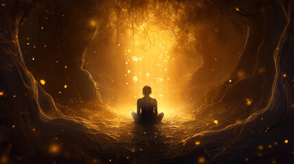 Silhouette of a person meditating in a forest, having a mystical experience, surrounded by golden light and sparkles - obrazy, fototapety, plakaty