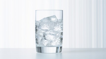 A clear glass of sparkling water on a pristine white surface.
