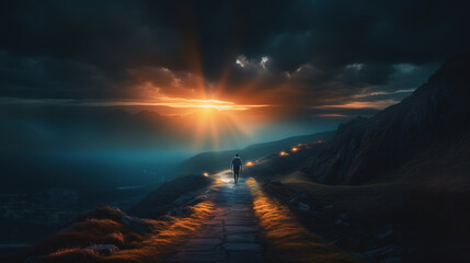 Man walking along the path at the edge of a mountain, towards divine light shining through the dark clouds. From darkness to light.