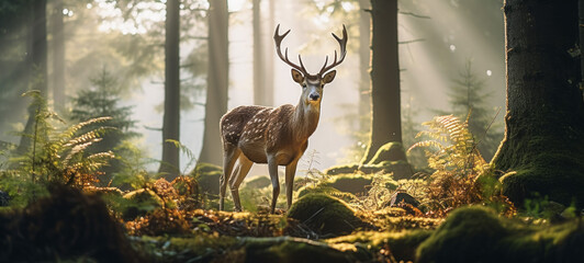 Beautiful deer in foggy forest at sunrise.