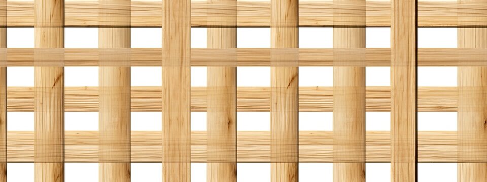 Seamless square grid wood lattice texture isolated on transparent background. Tileable light brown redwood, pine or oak trellis of woven crosshatch boards. Wooden fence planks pattern