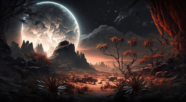 Huge glowing moon rising above the hot rocky alien planet